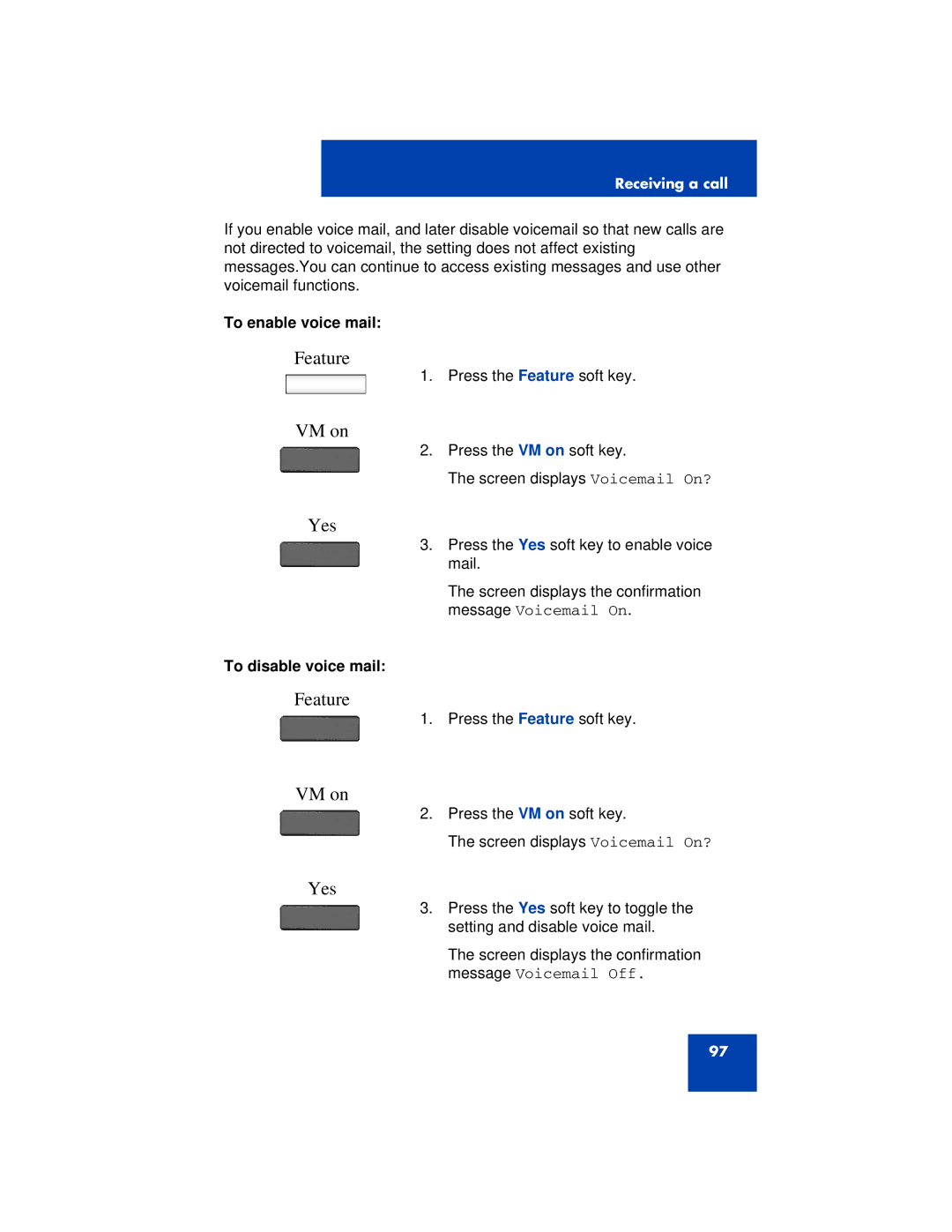 Avaya 1200 manual VM on, To enable voice mail, To disable voice mail 