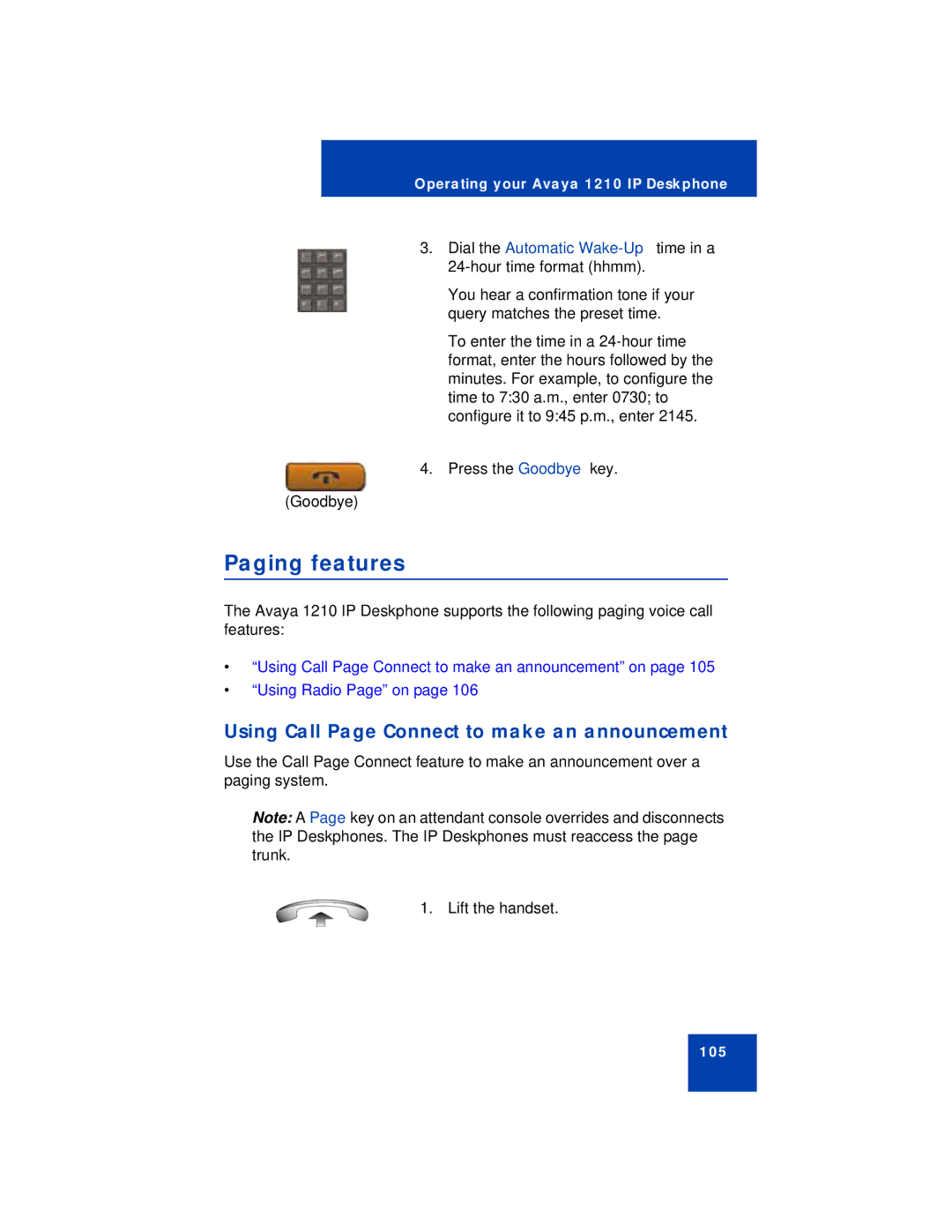 Avaya 1210 manual Paging features, Using Call Page Connect to make an announcement 