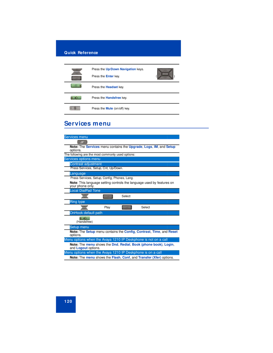 Avaya 1210 manual Services menu, Press the Up/Down Navigation keys 