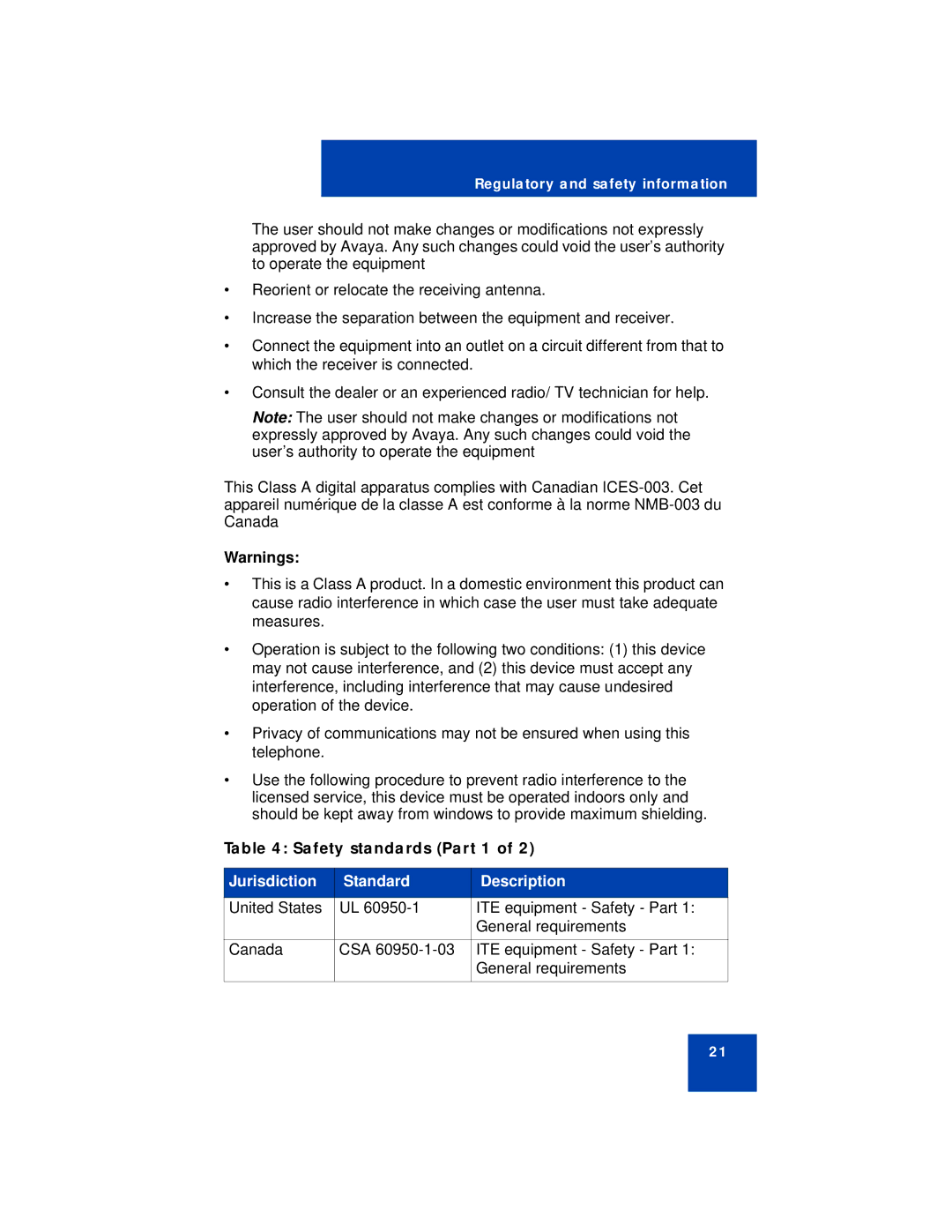 Avaya 1210 manual Safety standards Part 1 