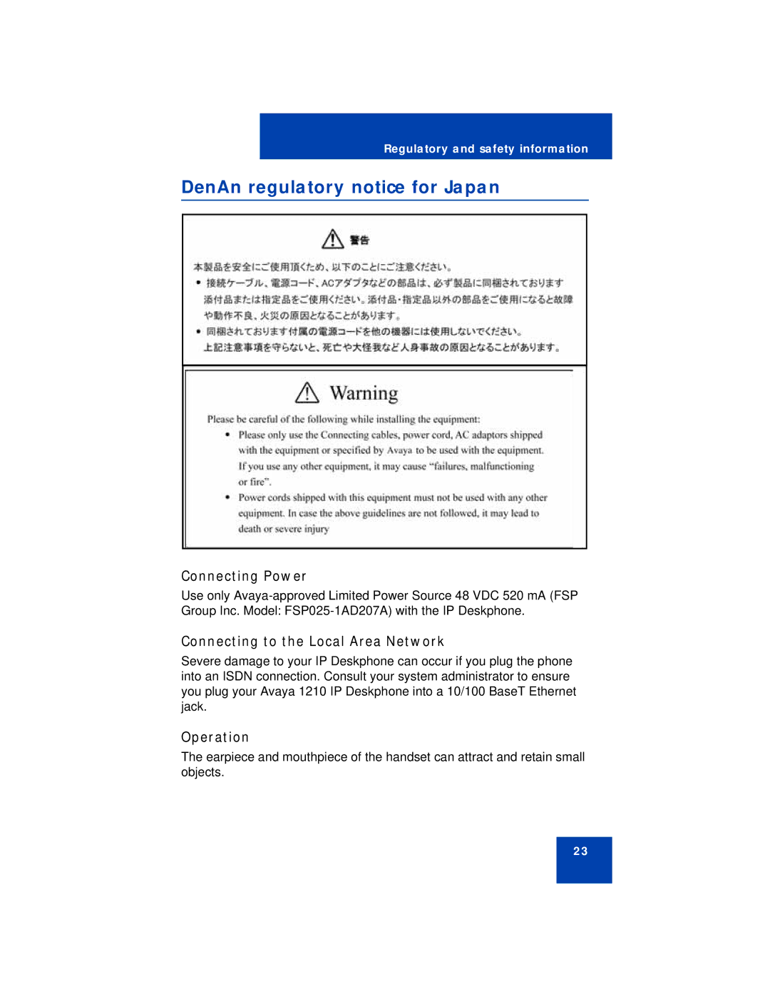 Avaya 1210 manual DenAn regulatory notice for Japan, Connecting Power 