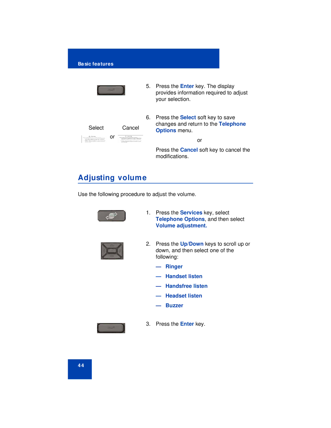 Avaya 1210 manual Adjusting volume, Options menu, Volume adjustment 