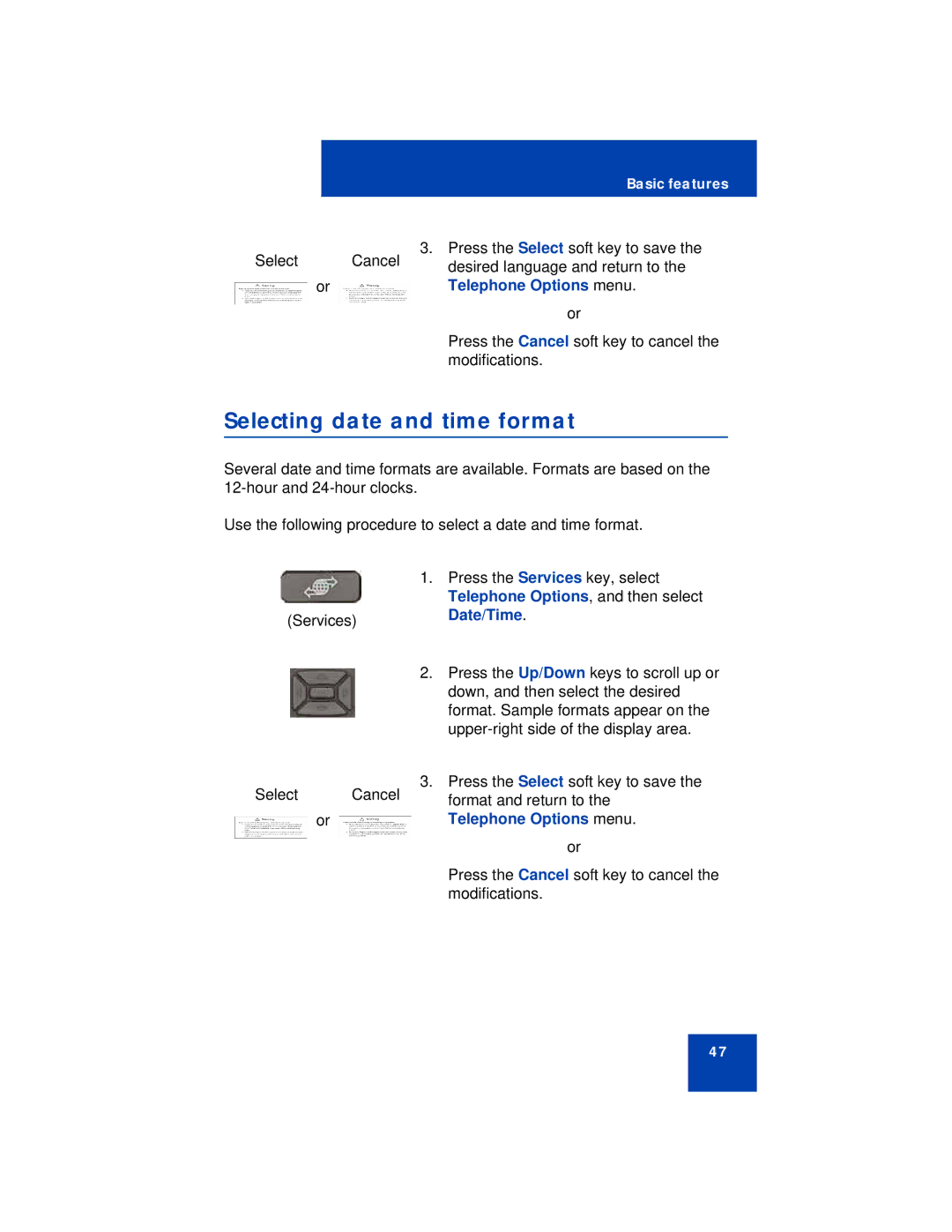 Avaya 1210 manual Selecting date and time format, Telephone Options menu 