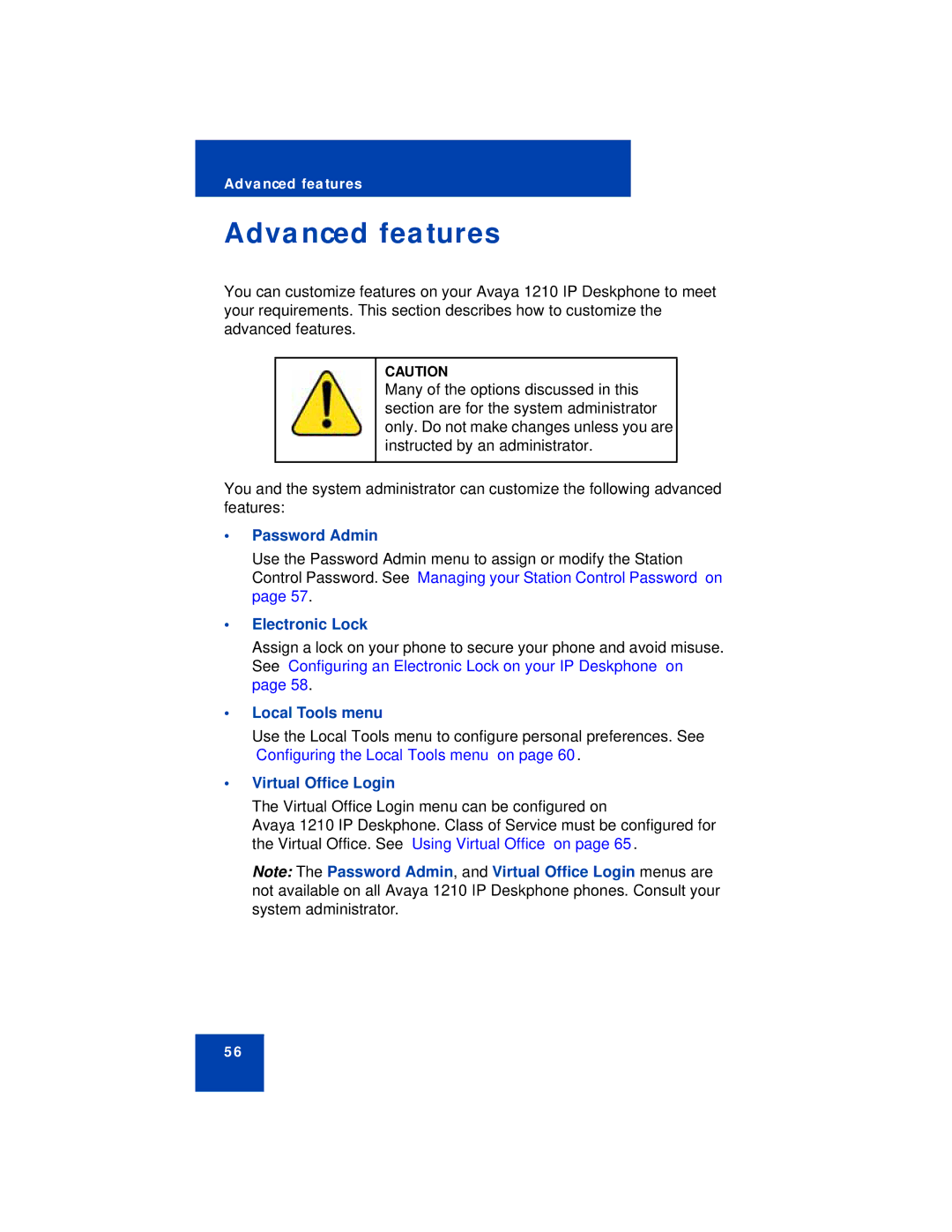 Avaya 1210 manual Advanced features, Electronic Lock, Local Tools menu 