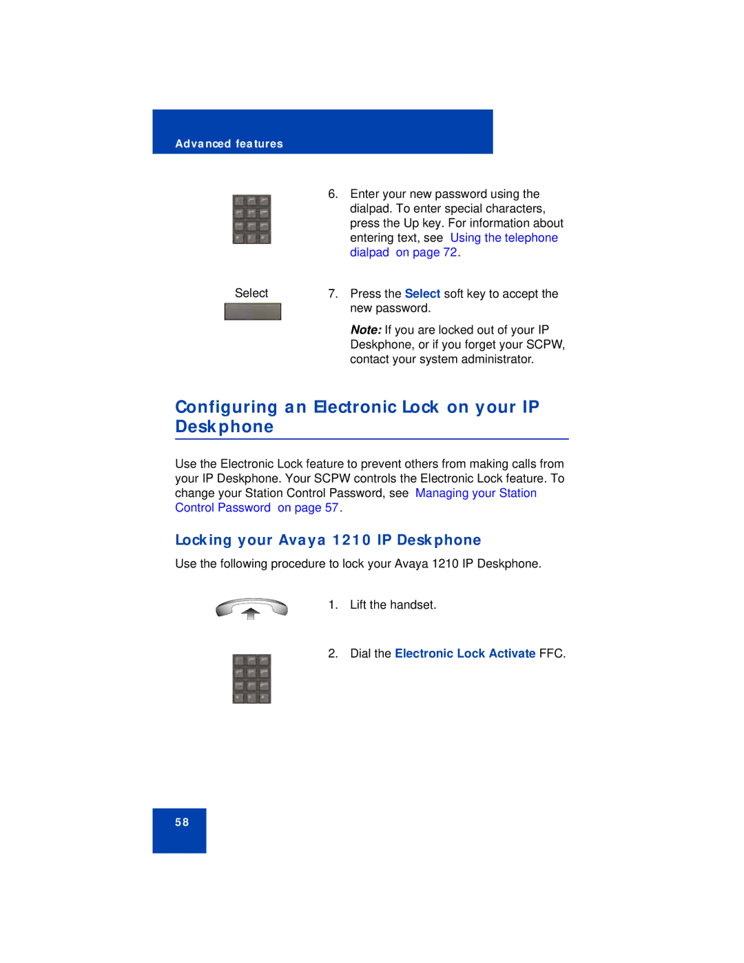 Avaya manual Configuring an Electronic Lock on your IP Deskphone, Locking your Avaya 1210 IP Deskphone 