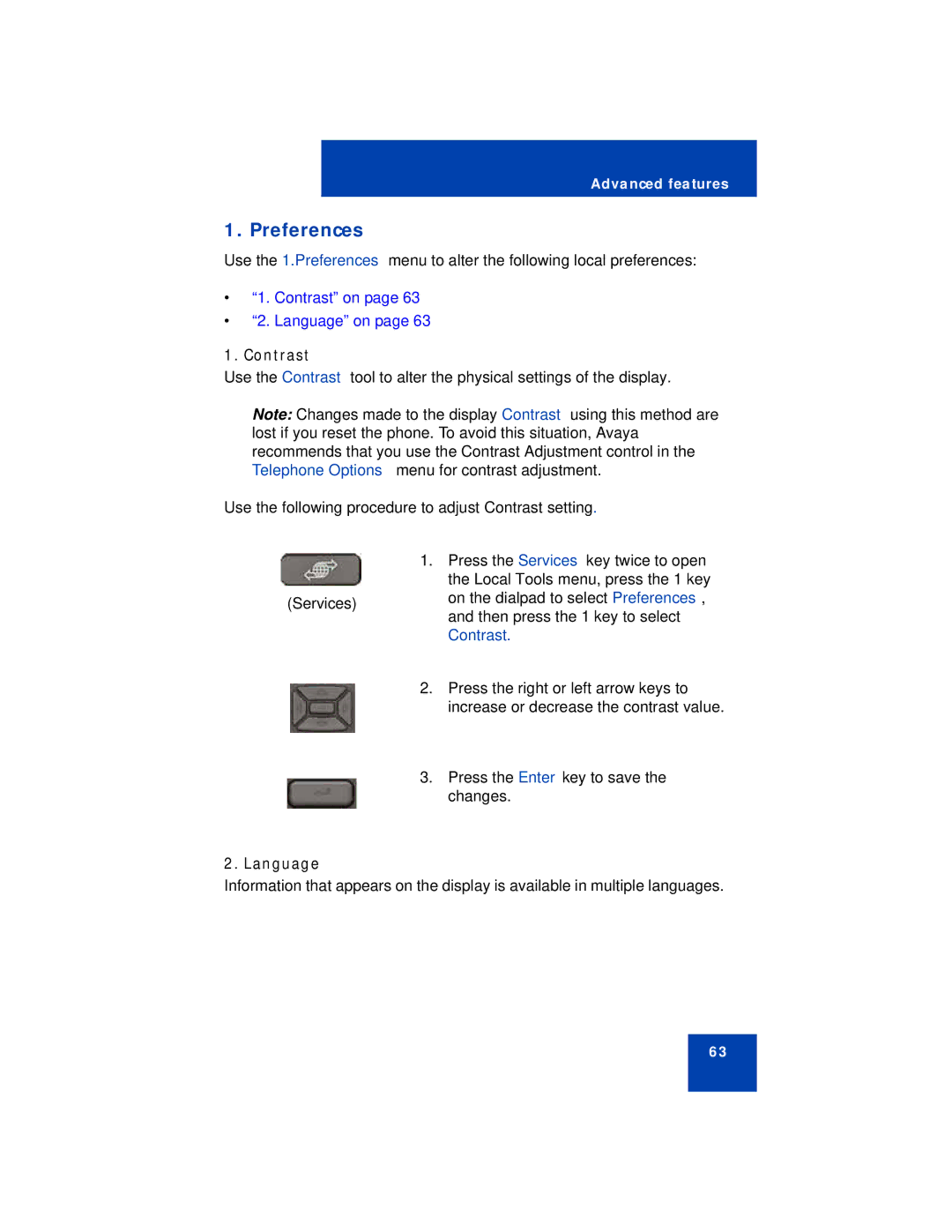 Avaya 1210 manual Preferences, Contrast, Language 