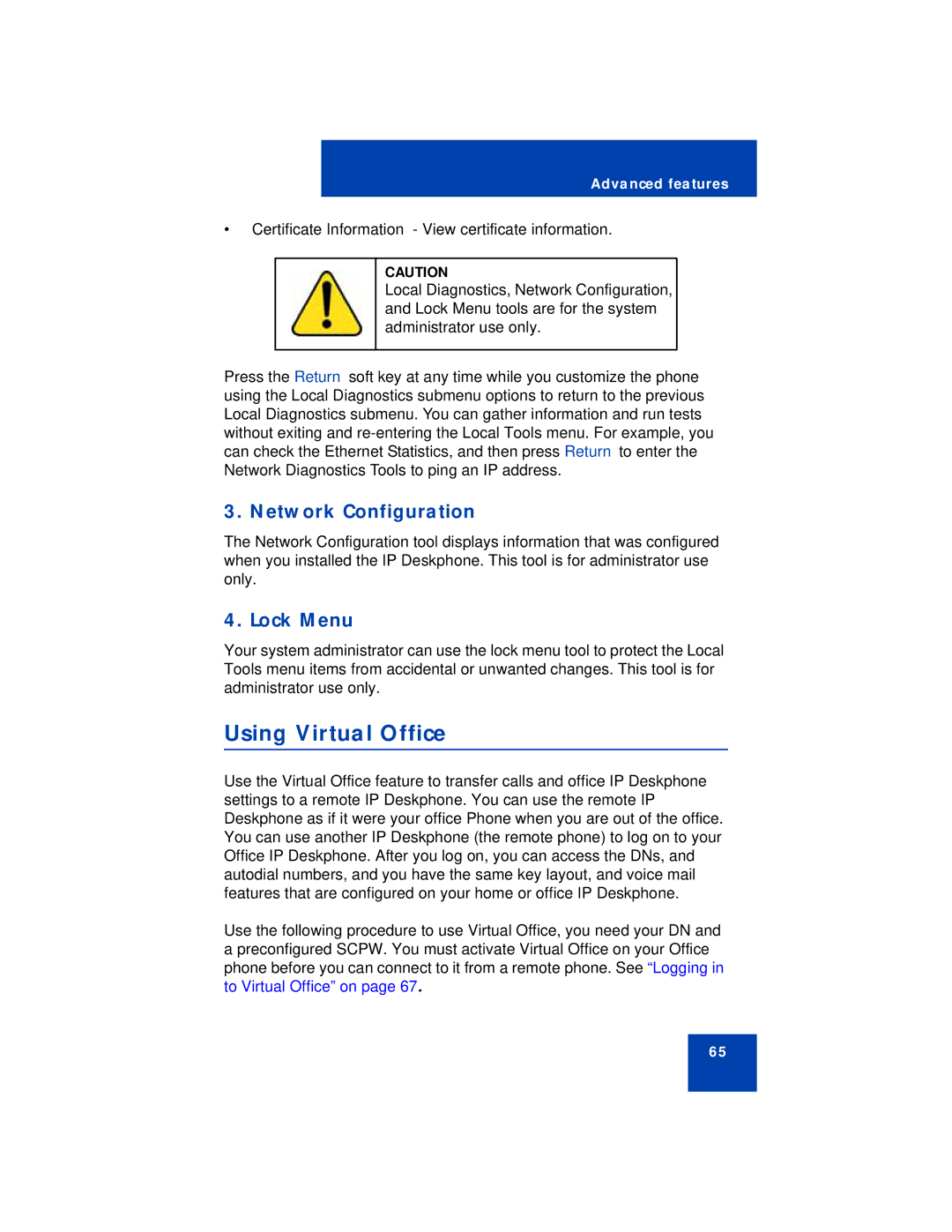 Avaya 1210 manual Using Virtual Office, Network Configuration, Lock Menu 