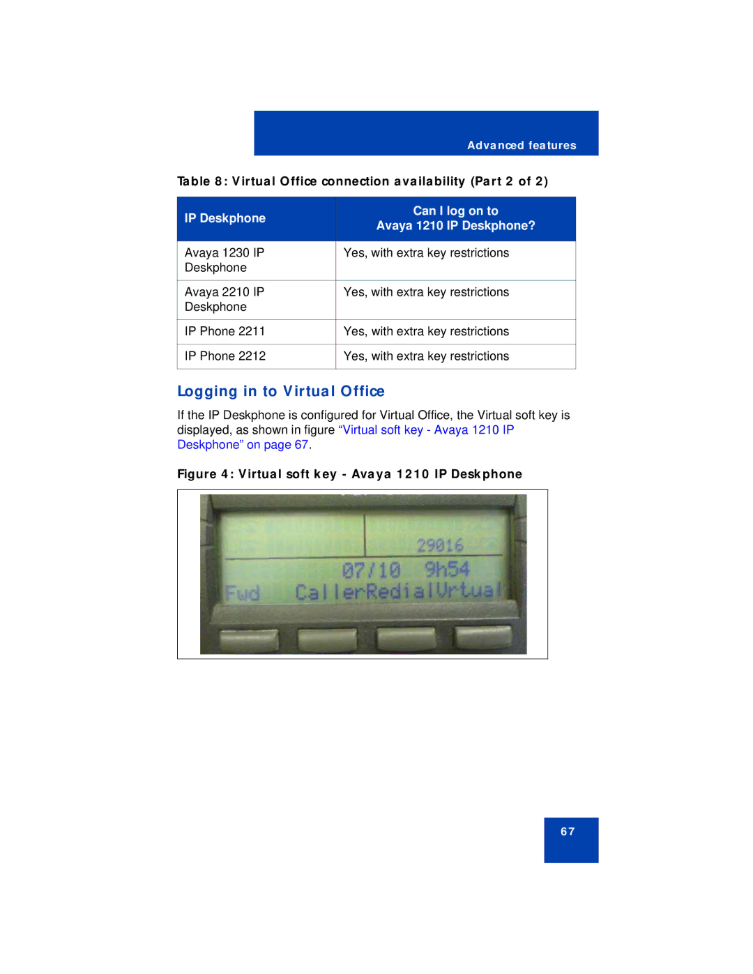 Avaya manual Logging in to Virtual Office, Virtual soft key Avaya 1210 IP Deskphone 