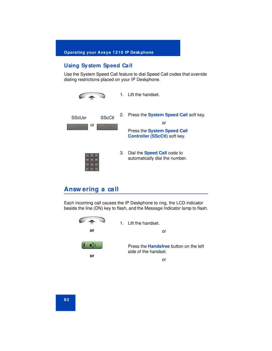 Avaya 1210 manual Answering a call, Using System Speed Call, Controller SScCtl soft key 