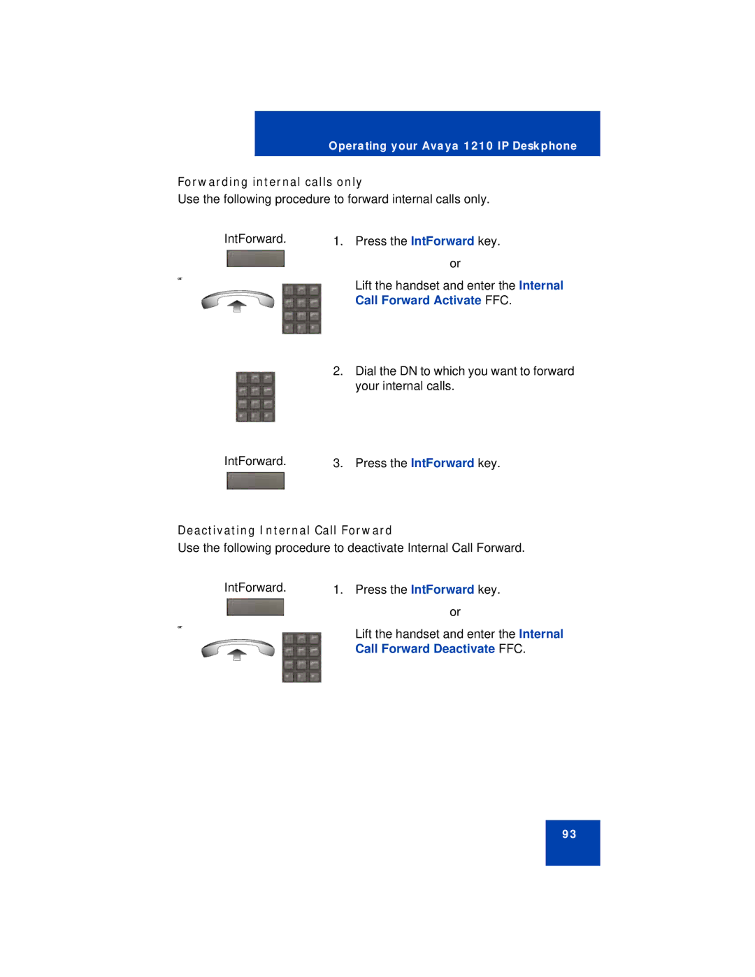 Avaya 1210 manual Forwarding internal calls only, Call Forward Activate FFC, Deactivating Internal Call Forward 