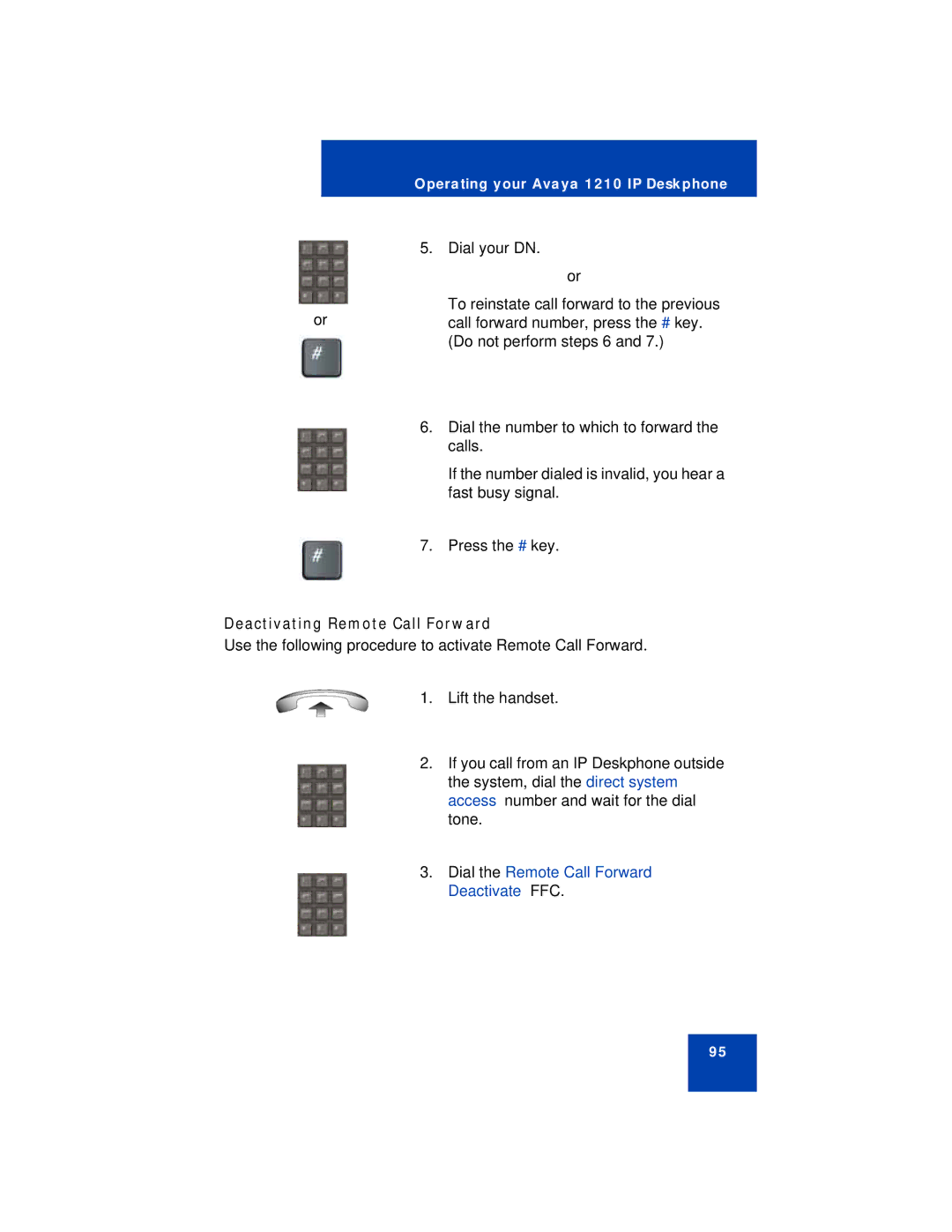 Avaya 1210 manual Deactivating Remote Call Forward, Dial the Remote Call Forward Deactivate FFC 