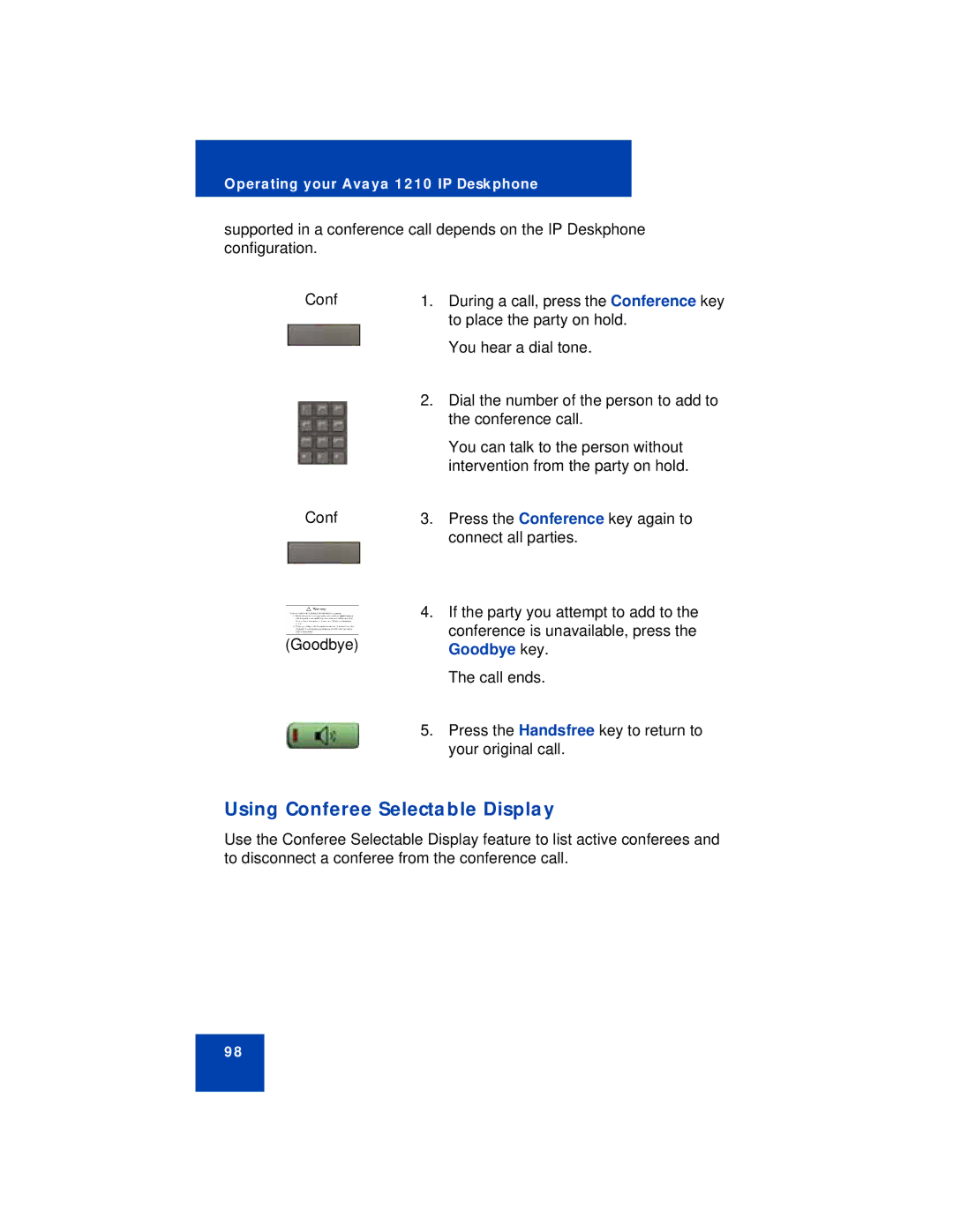 Avaya 1210 manual Using Conferee Selectable Display, Goodbye key 