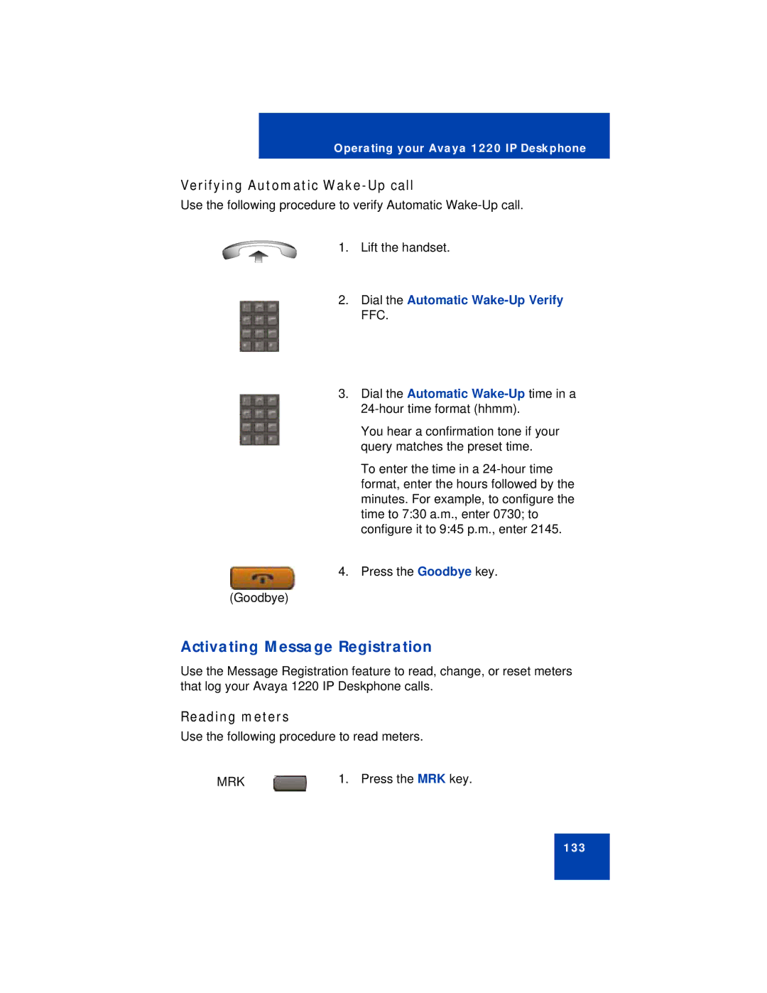 Avaya 1220 manual Activating Message Registration, Verifying Automatic Wake-Up call, Reading meters 