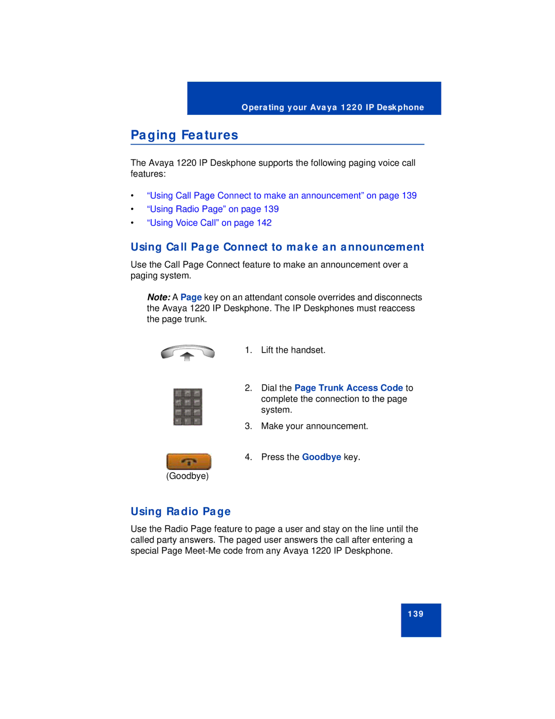 Avaya 1220 manual Paging Features, Using Call Page Connect to make an announcement, Using Radio 