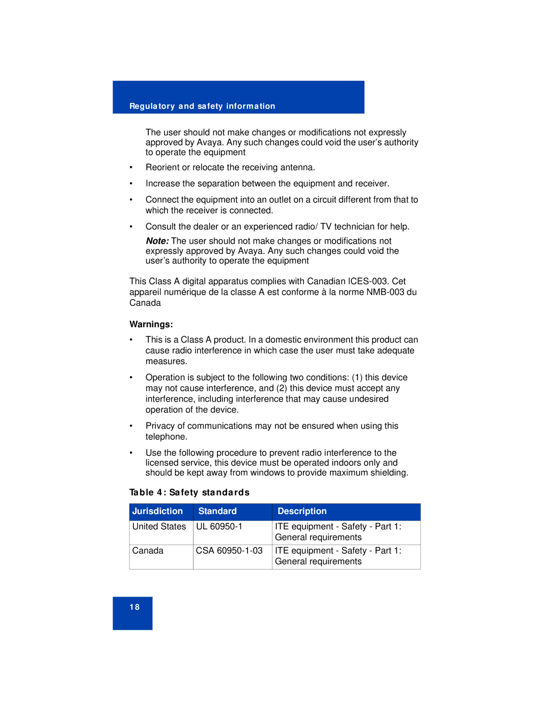 Avaya 1220 manual Safety standards 