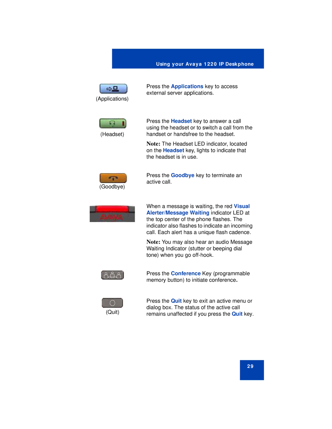 Avaya 1220 manual Press the Applications key to access 