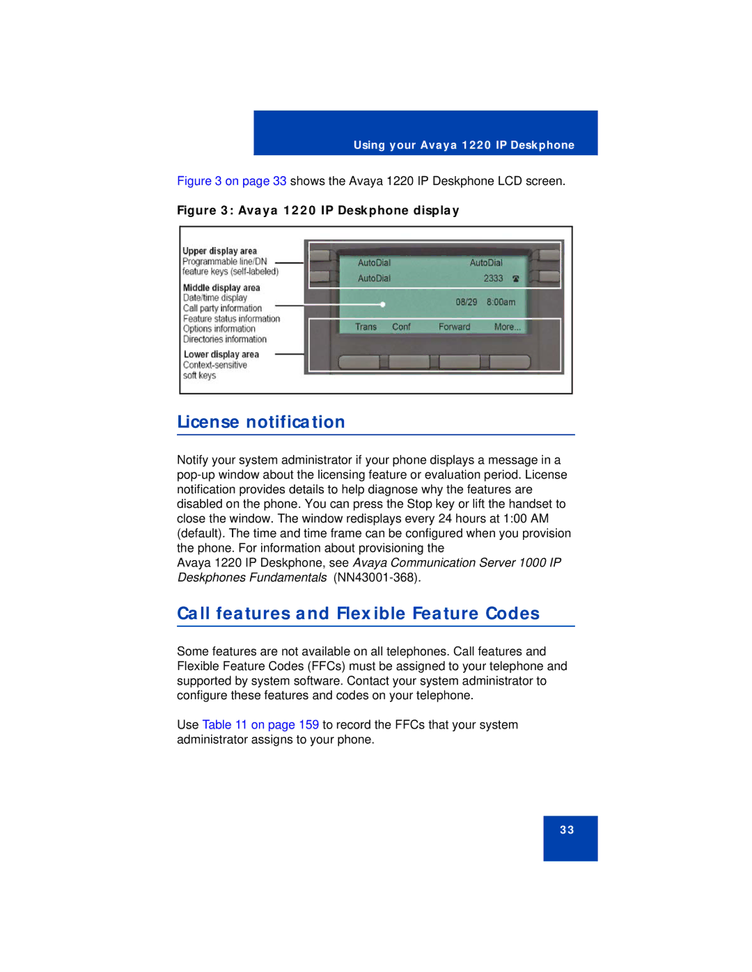 Avaya 1220 manual License notification, Call features and Flexible Feature Codes 