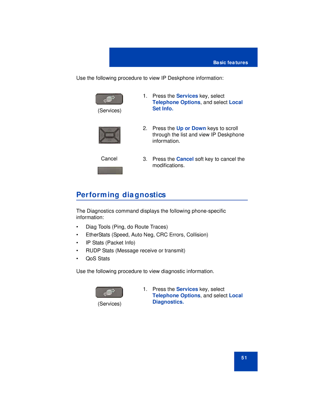 Avaya 1220 manual Performing diagnostics, Set Info, ServicesDiagnostics 