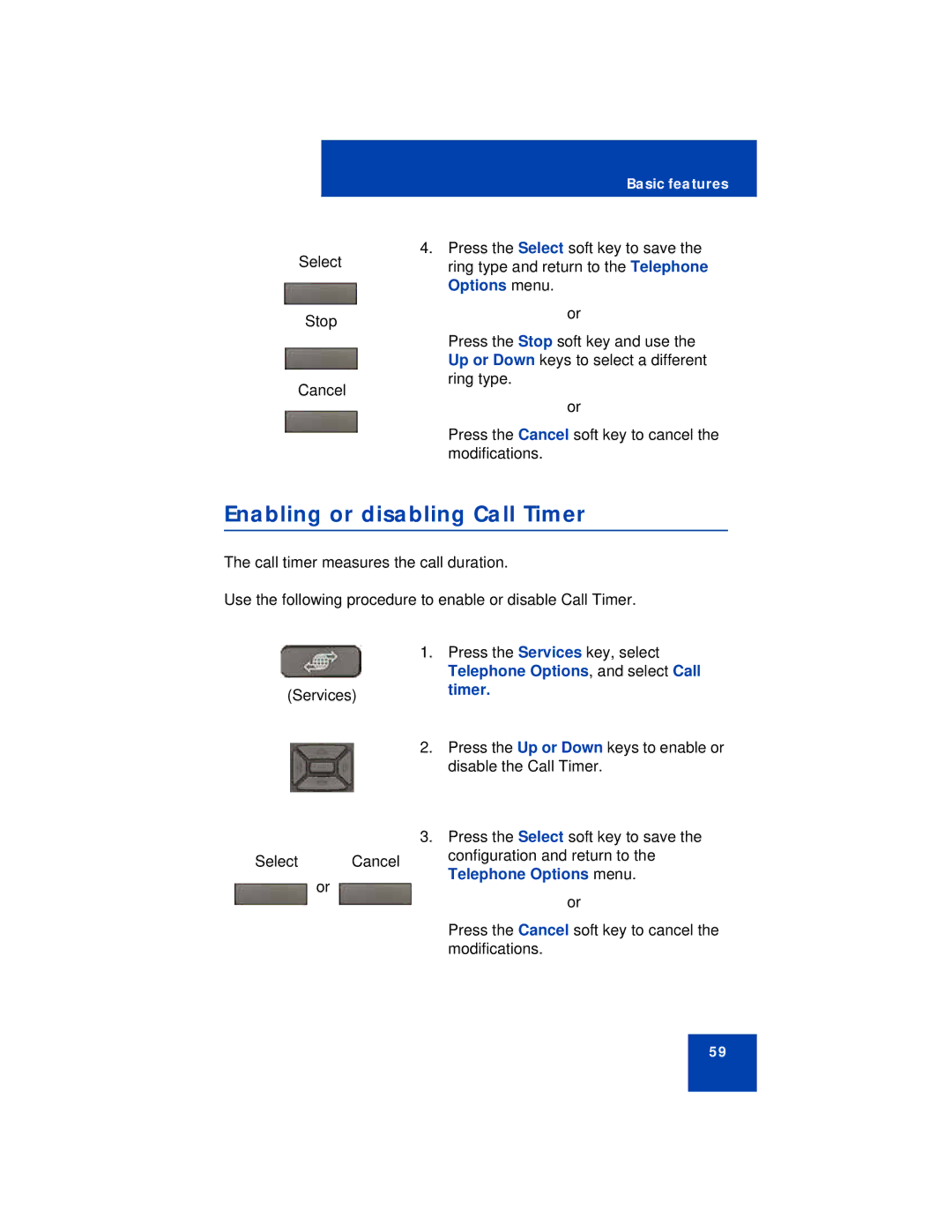 Avaya 1220 manual Enabling or disabling Call Timer, Telephone Options menu 