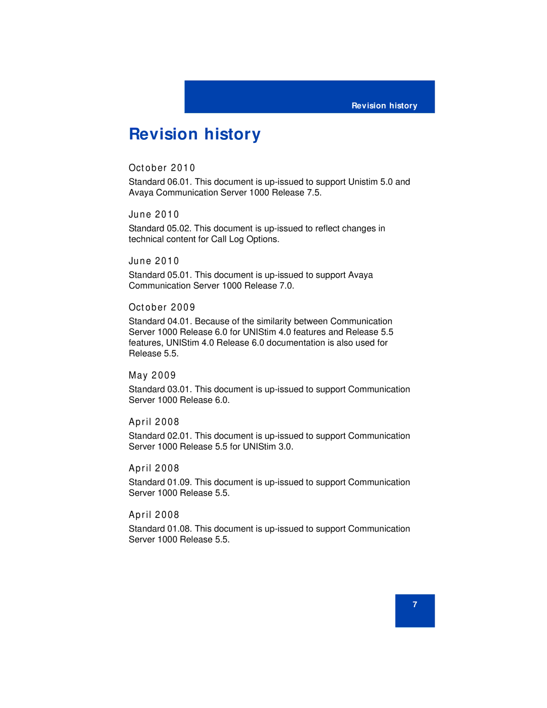 Avaya 1220 manual Revision history, October, June, May, April 