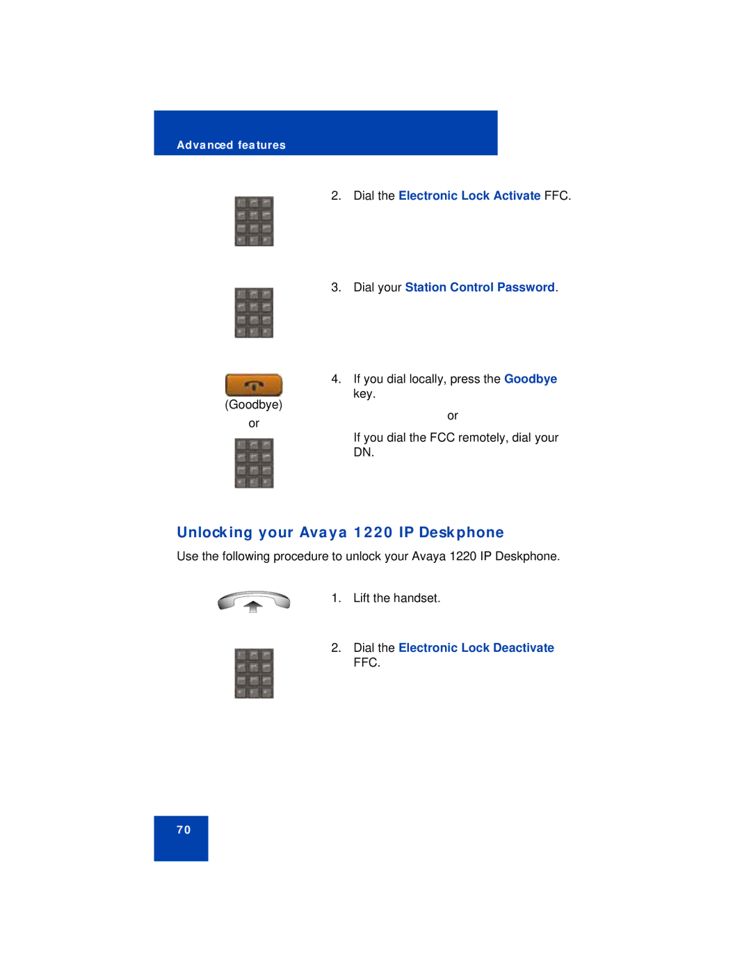 Avaya manual Unlocking your Avaya 1220 IP Deskphone, Dial the Electronic Lock Deactivate FFC 