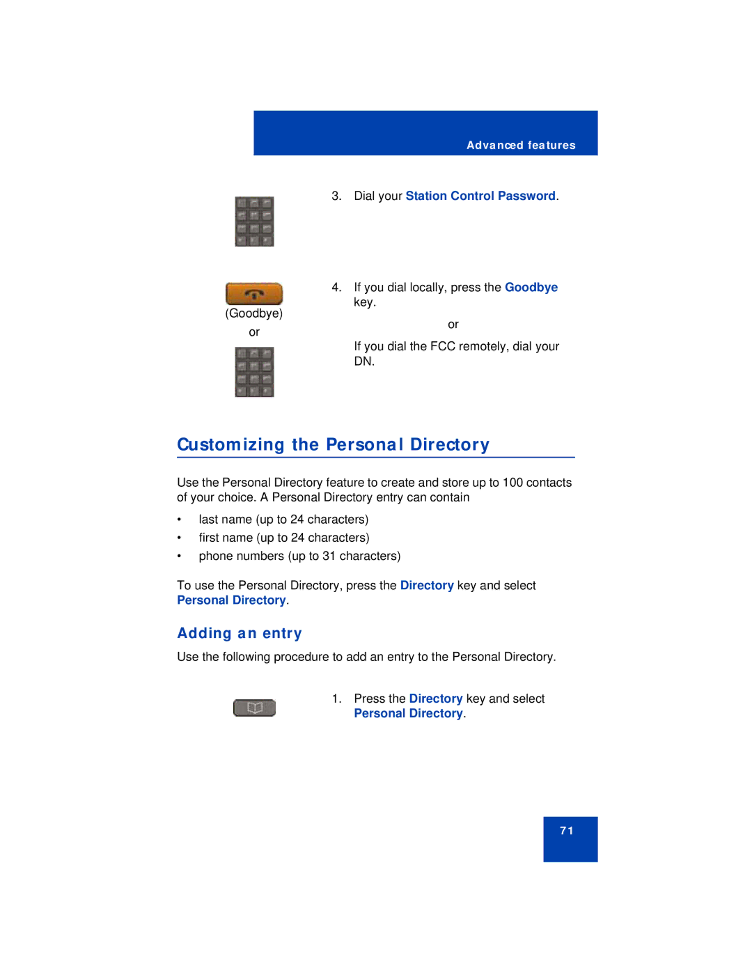 Avaya 1220 manual Customizing the Personal Directory, Adding an entry 