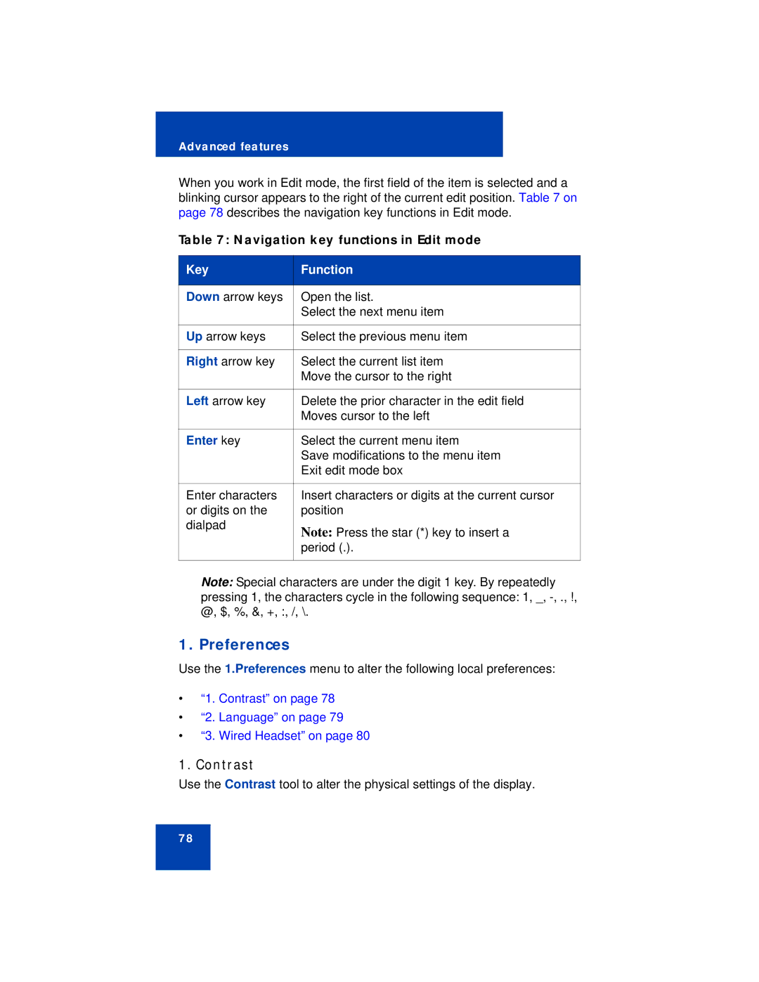 Avaya 1220 manual Preferences, Contrast 