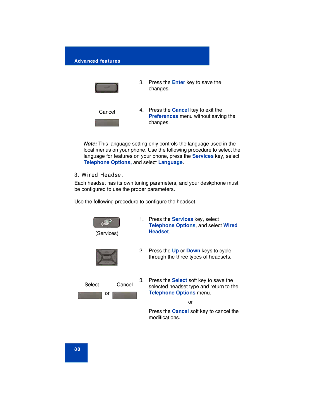 Avaya 1220 manual Wired Headset, Telephone Options menu 