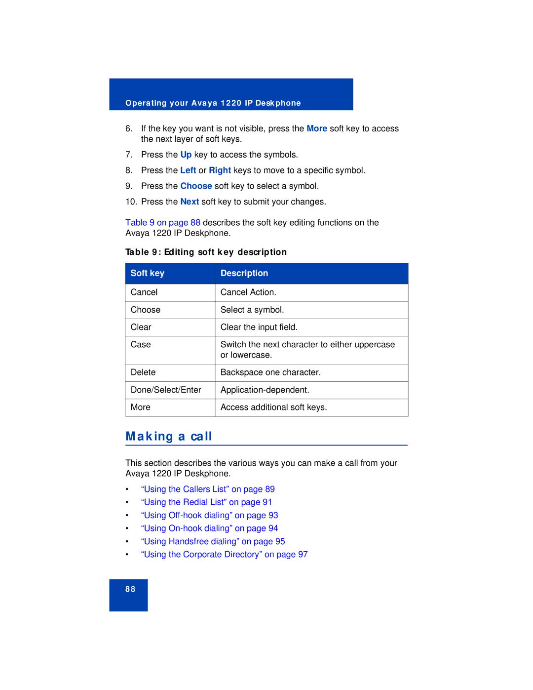 Avaya 1220 manual Making a call, Soft key Description 