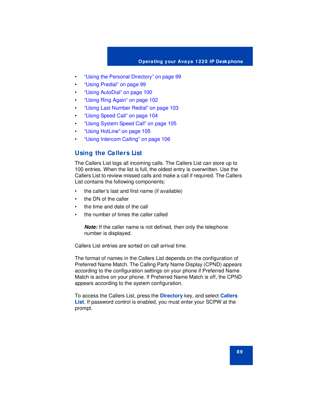 Avaya 1220 manual Using the Callers List 