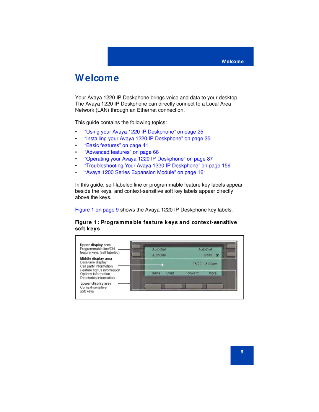 Avaya manual Welcome, On page 9 shows the Avaya 1220 IP Deskphone key labels 