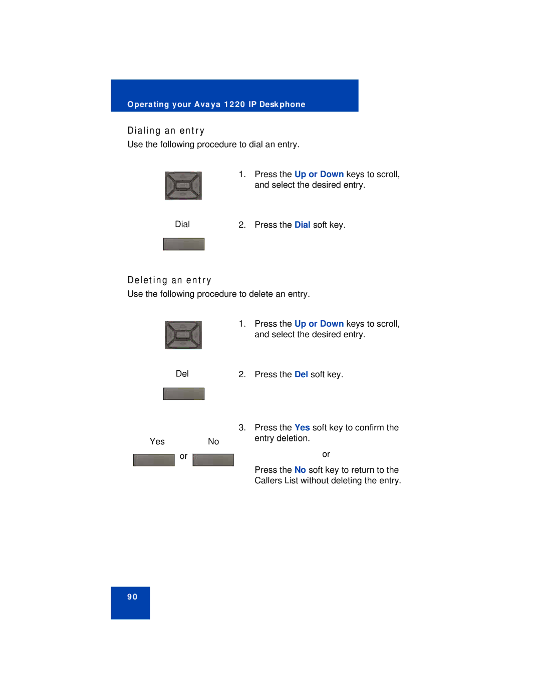 Avaya 1220 manual Dialing an entry, Deleting an entry 