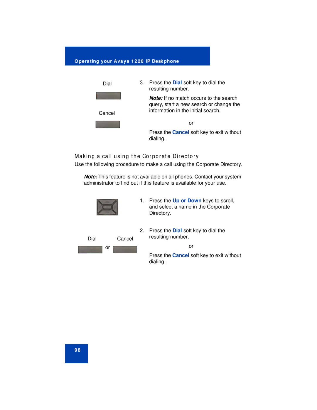 Avaya 1220 manual Making a call using the Corporate Directory 