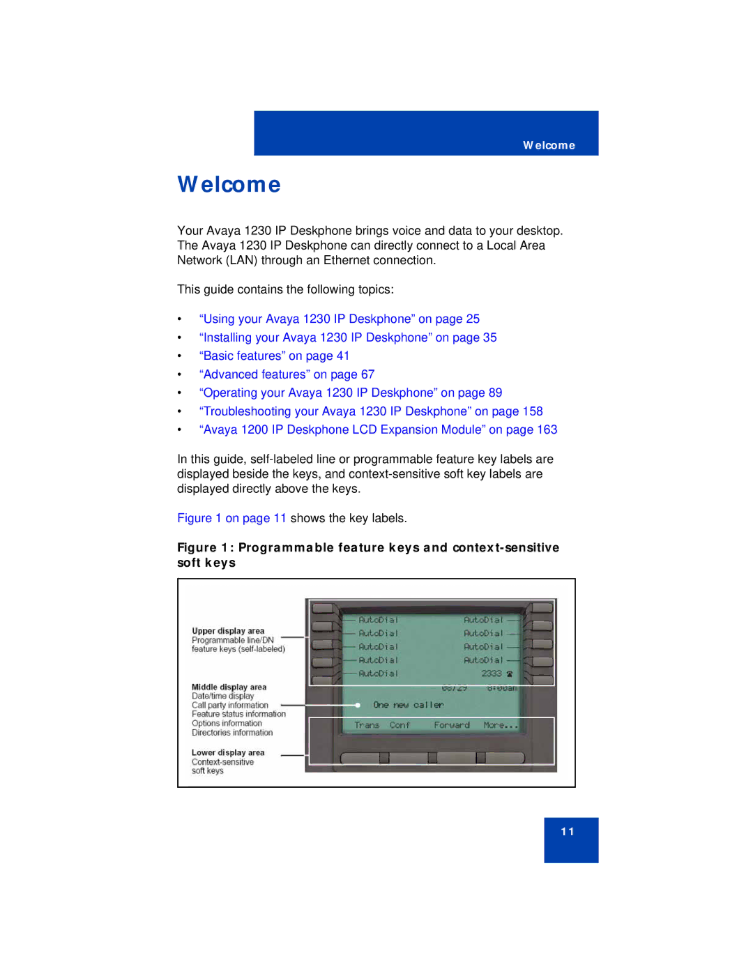 Avaya 1230 manual Welcome, On page 11 shows the key labels 