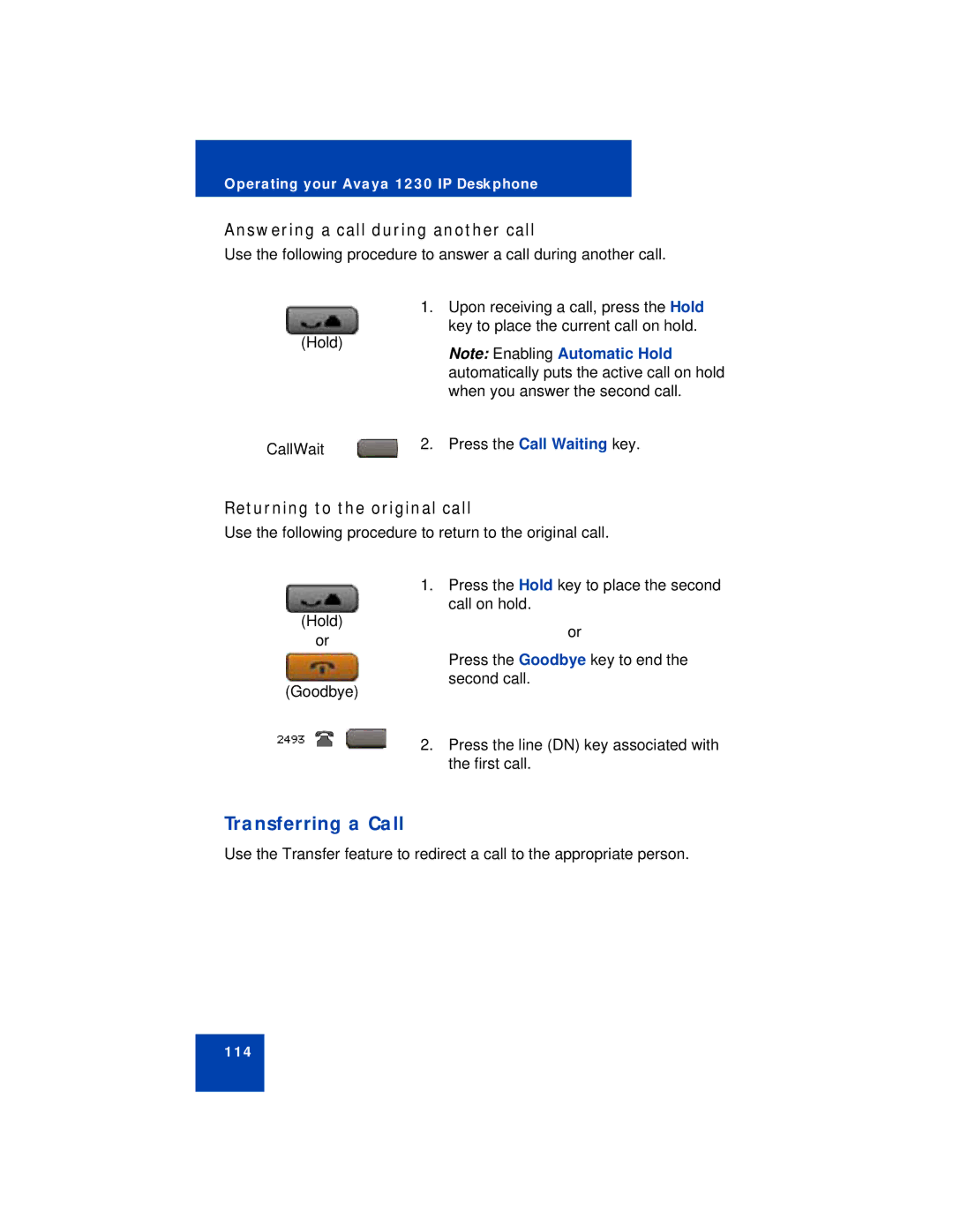 Avaya 1230 manual Transferring a Call, Answering a call during another call, Returning to the original call 