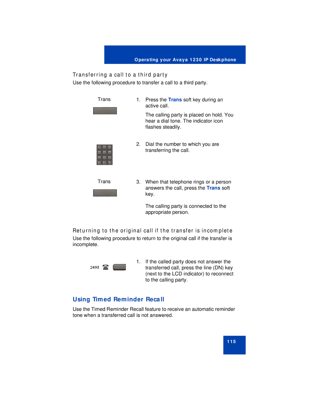 Avaya 1230 manual Using Timed Reminder Recall, Transferring a call to a third party 