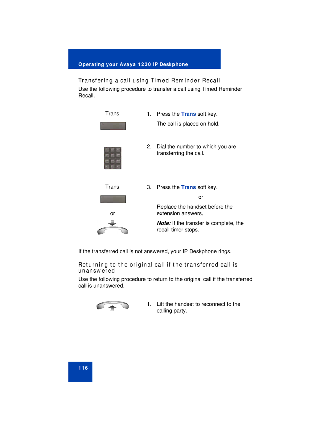 Avaya 1230 manual Transfering a call using Timed Reminder Recall 