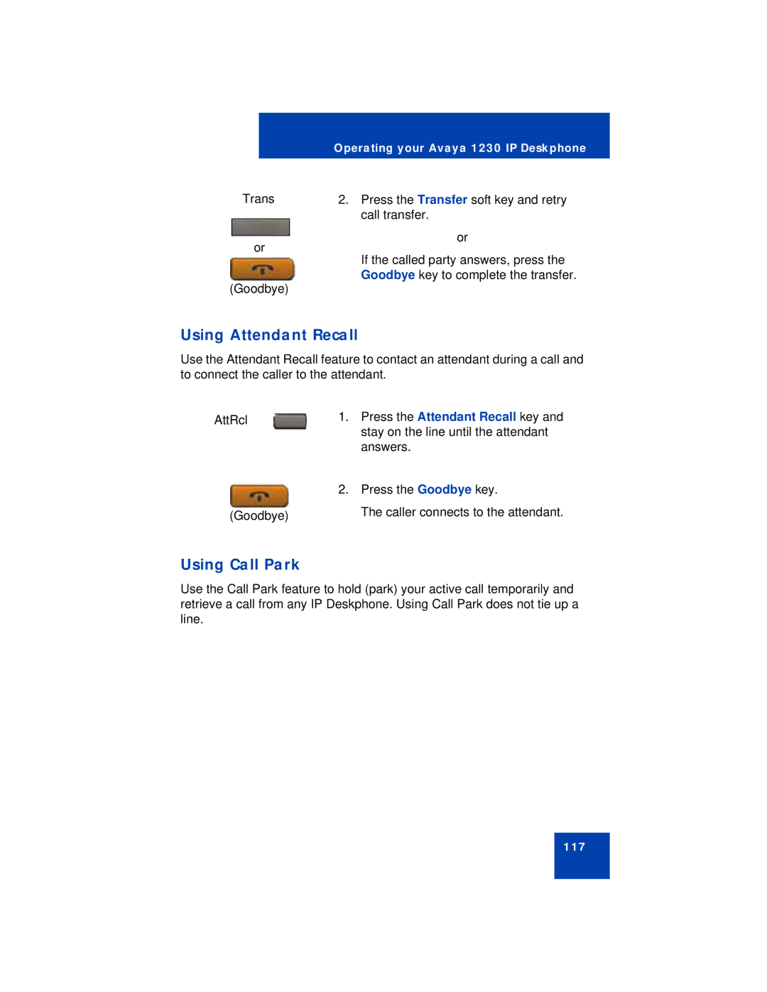 Avaya 1230 manual Using Attendant Recall, Using Call Park 