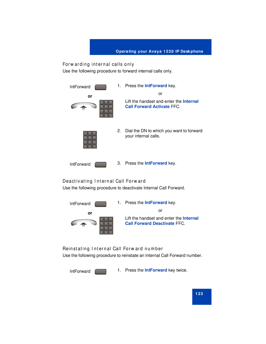 Avaya 1230 Forwarding internal calls only, Deactivating Internal Call Forward, Reinstating Internal Call Forward number 