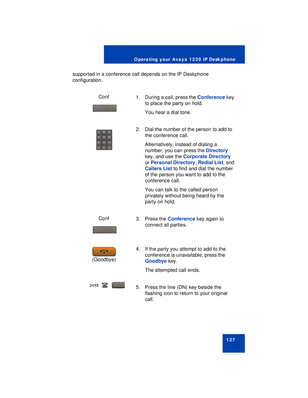 Avaya 1230 manual Key, and use the Corporate Directory, Or Personal Directory , Redial List, Goodbye key 