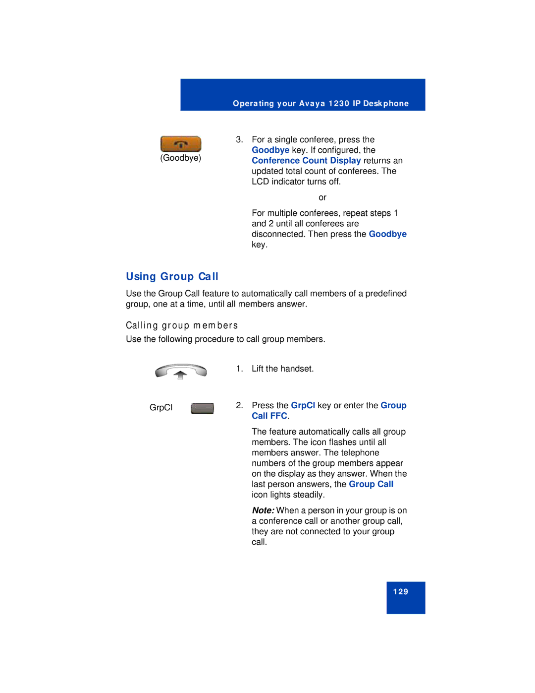 Avaya 1230 manual Using Group Call, Calling group members, Conference Count Display returns an, Call FFC 