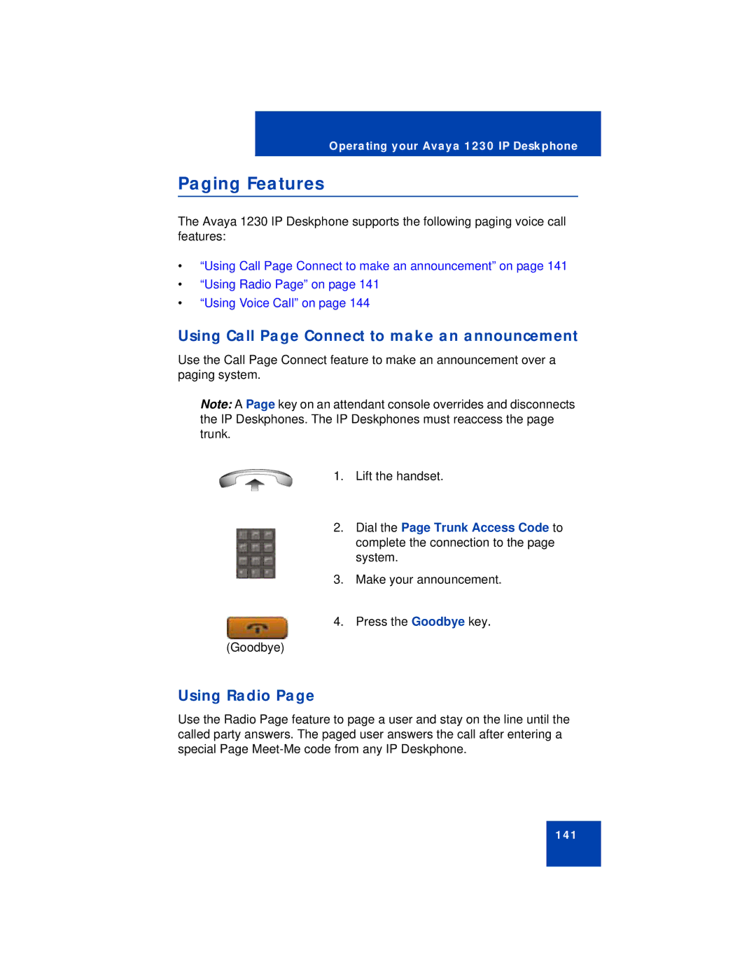 Avaya 1230 manual Paging Features, Using Call Page Connect to make an announcement, Using Radio 