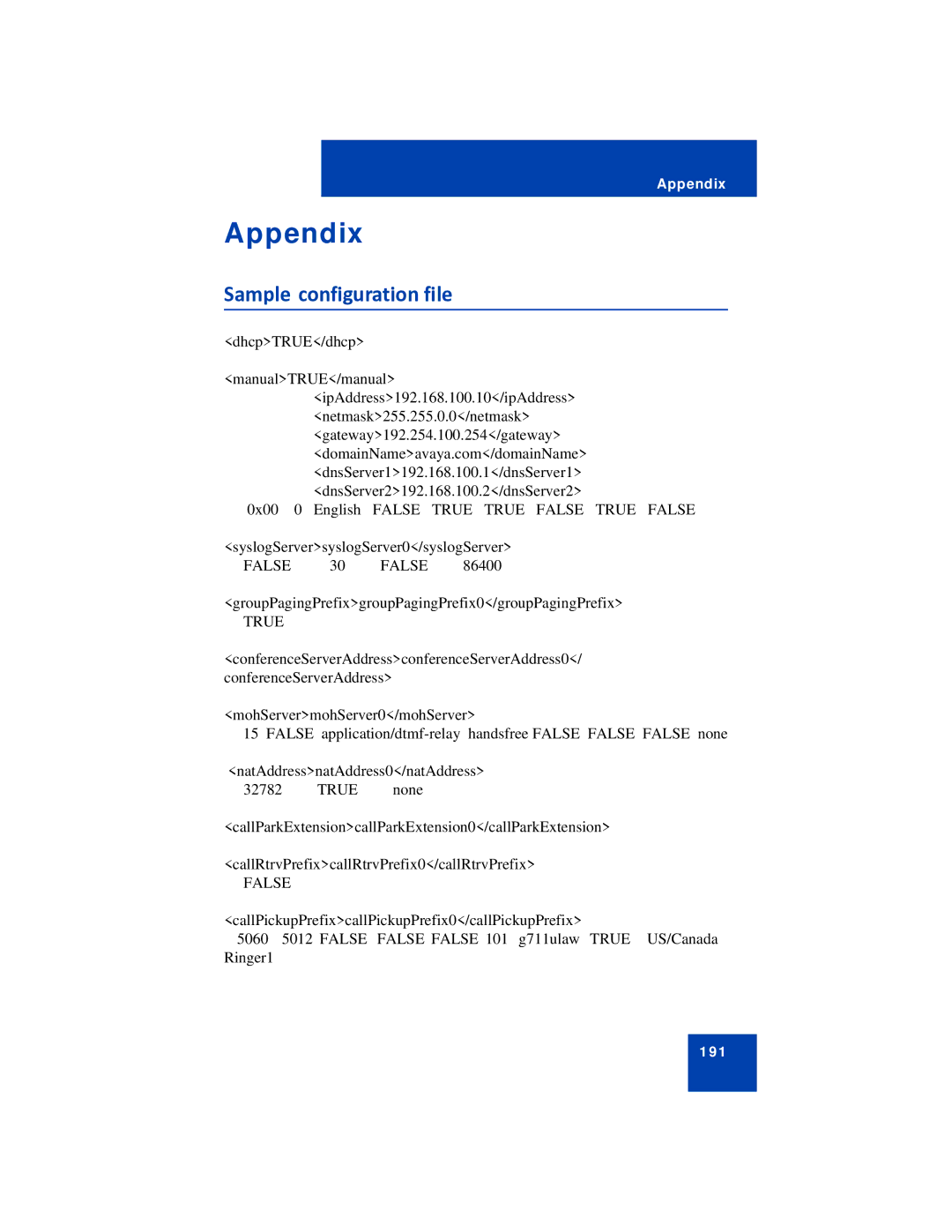 Avaya 1230 manual Appendix, Sample configuration file 