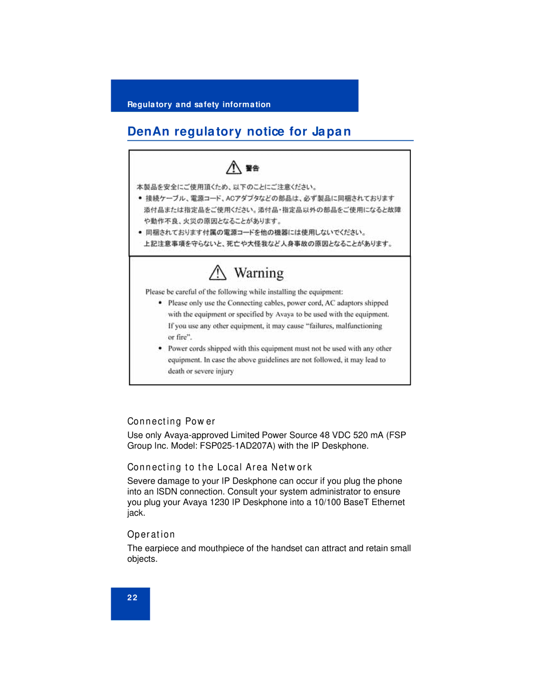 Avaya 1230 manual DenAn regulatory notice for Japan, Connecting Power, Connecting to the Local Area Network, Operation 