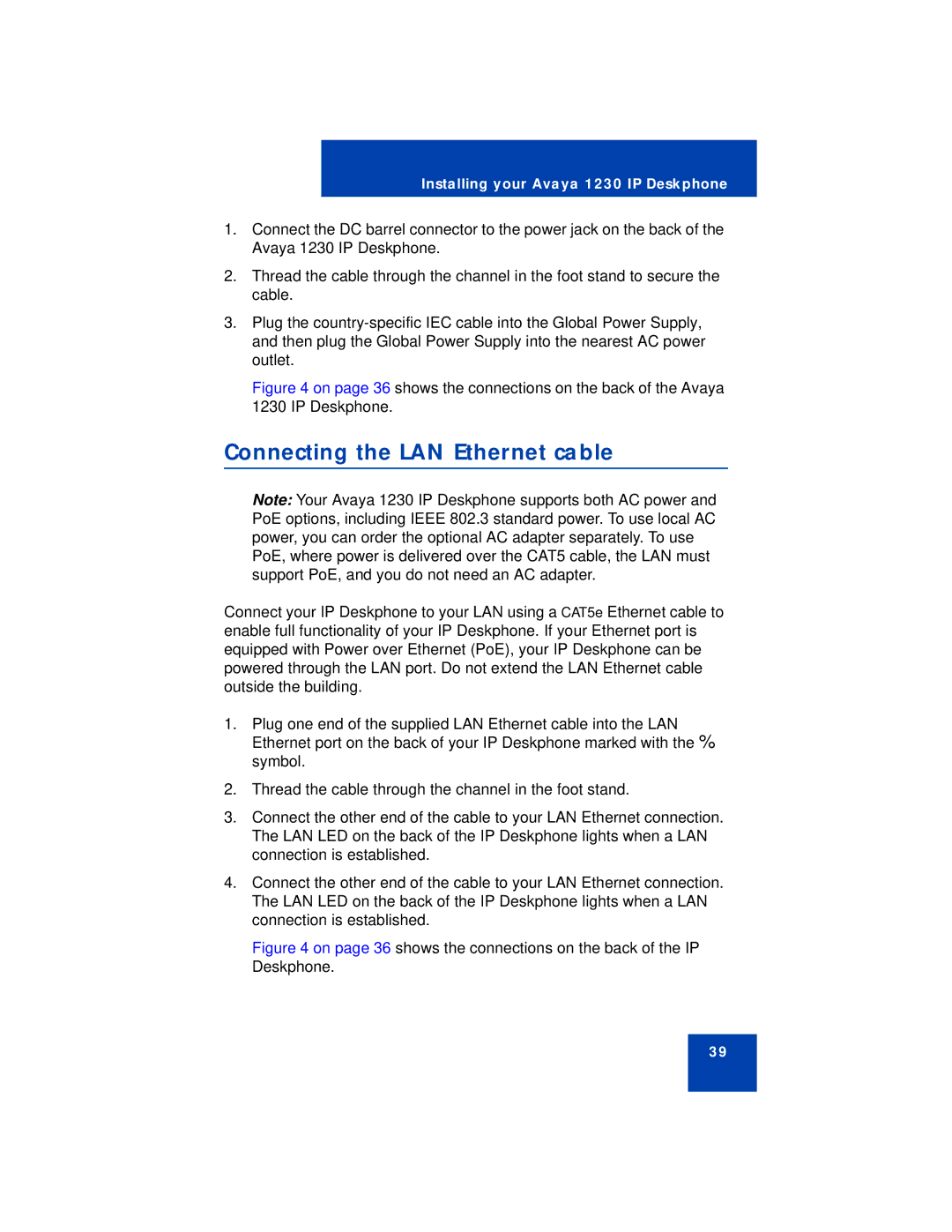 Avaya 1230 manual Connecting the LAN Ethernet cable 