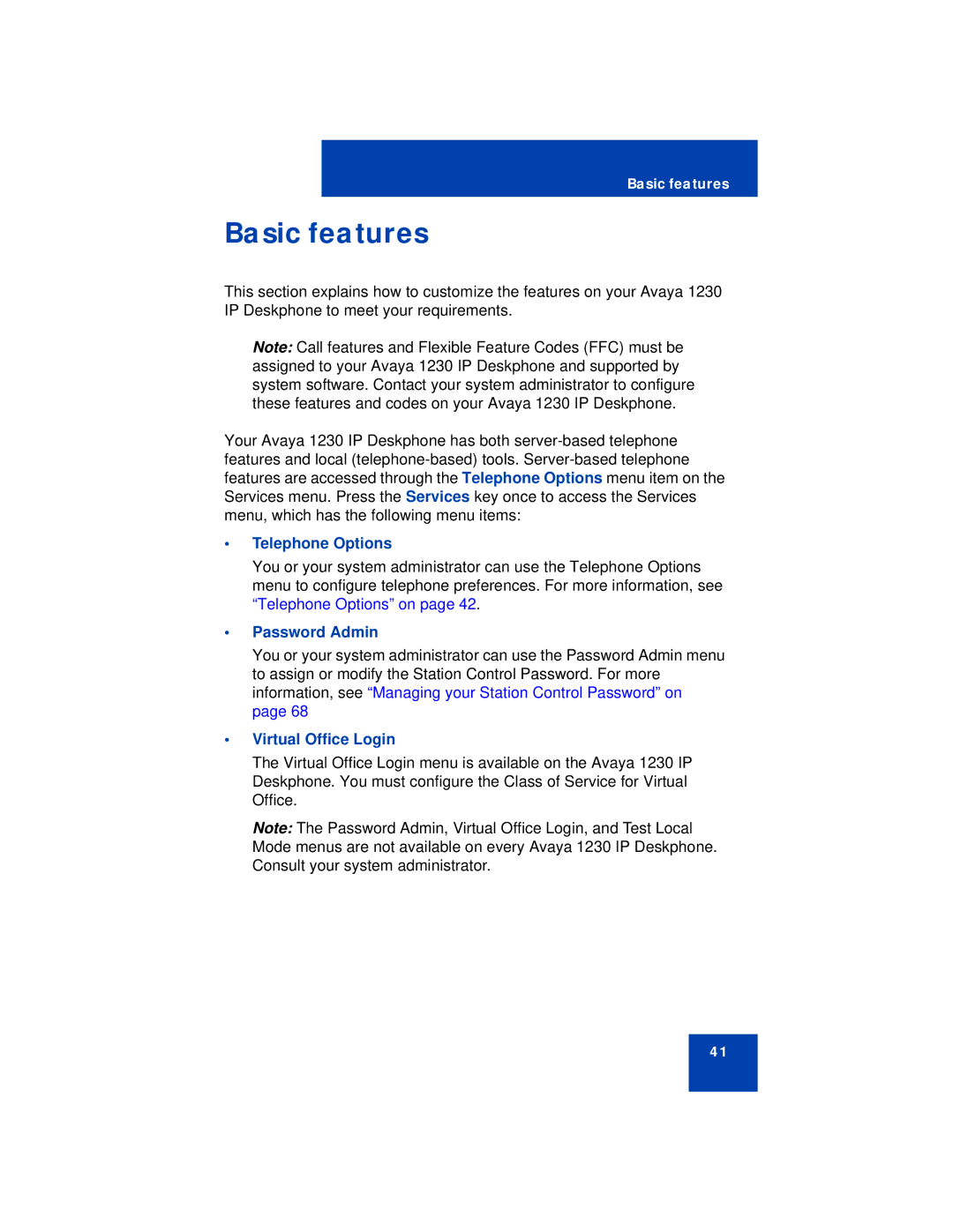 Avaya 1230 manual Basic features, Telephone Options, Password Admin, Virtual Office Login 