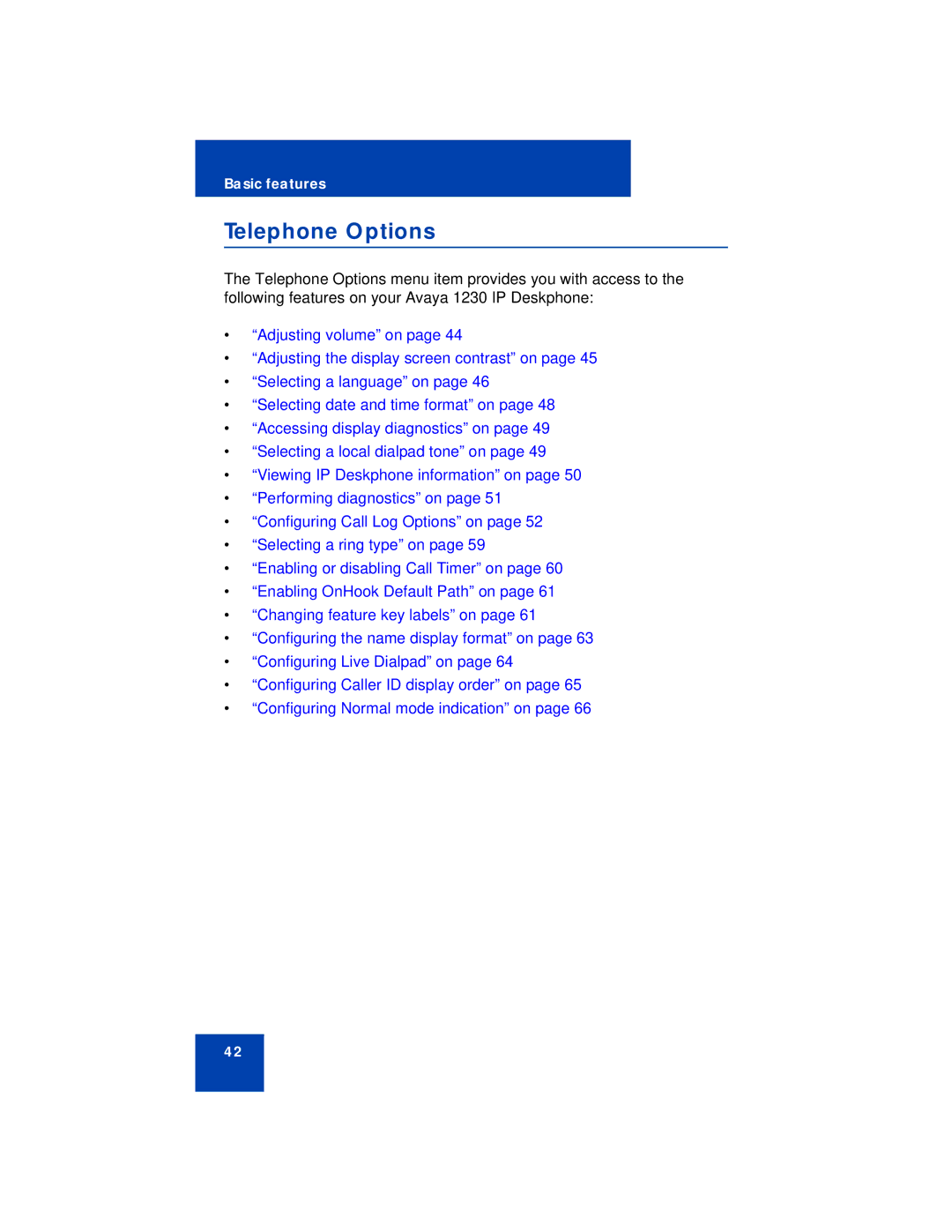 Avaya 1230 manual Telephone Options 