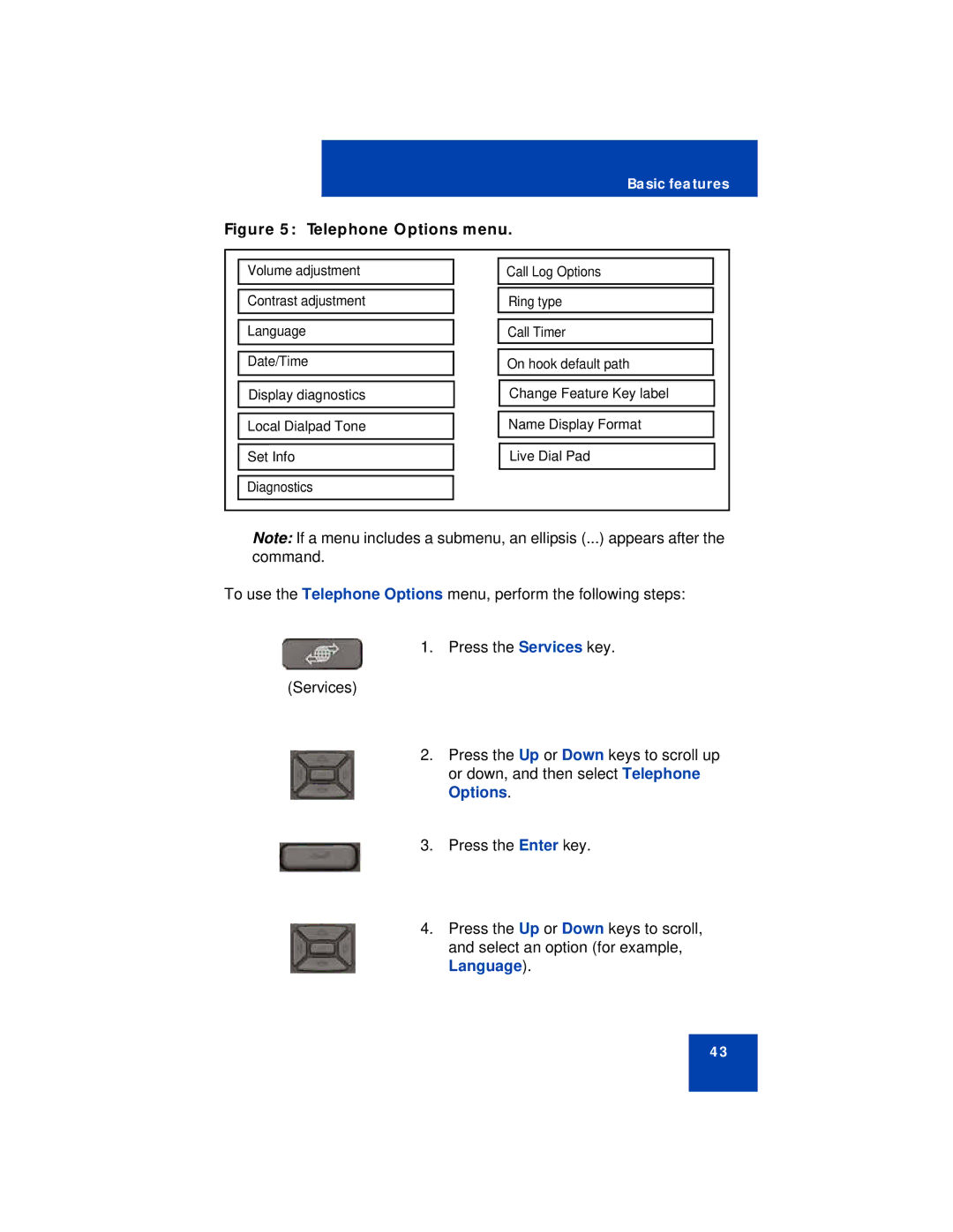 Avaya 1230 manual Telephone Options menu 