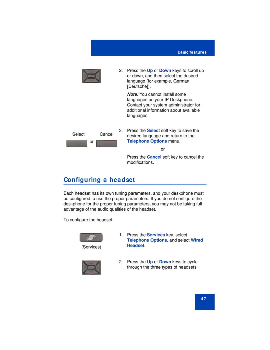 Avaya 1230 manual Configuring a headset, Telephone Options menu 