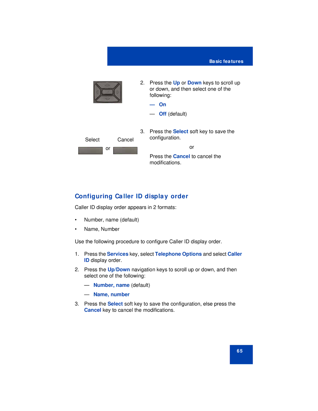 Avaya 1230 manual Configuring Caller ID display order, Number, name default Name, number 